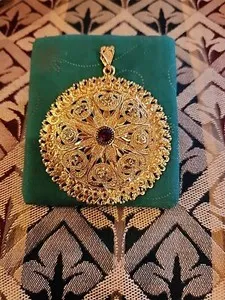 Authentic Gorgeous Gold Plated Large 3" Round Pendant W Garnet-colored Center Stone #18