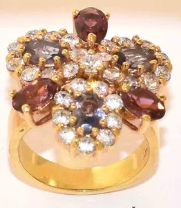 Authentic STERLING SILVER - GOLD PLATED AMETHYST + GARNET + CUBIC ZIRCONIA RING SIZE 5 3/4