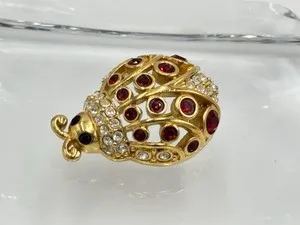 Authentic VTG Swarovski Crystal Ladybug Red & Clear Rhinestones Gold Plated Brooch Pin