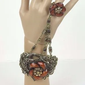 Authentic Bracelet Ring Gold Plated Rhinestones Women Fashion Jewelry 7"L - New     