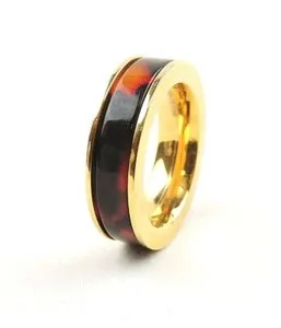 Authentic Stainless Steel Gold Plated Amber Resin Band Ring - Free Gift Packaging