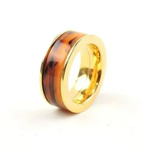 Authentic Stainless Steel Gold Plated 8 mm Amber Resin Wide Band Ring 