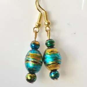 Authentic Blue Amber Murano Glass Earrings Bead Hand Painted Round Gold Plated