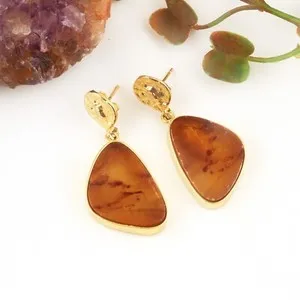 Authentic Natural Yellow Amber Gemstone Gold Plated Dangle Stud Earring Use For Women