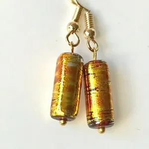 Authentic Orange Amber Murano Glass Earrings Bead Hand Painted Round Gold Plated