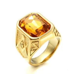 Authentic Amber CZ Inlay Gold Plated Masonic Ring Stainless Steel Vintage Men's Biker Ring