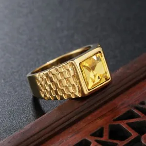 Authentic Gold Plated Amber CZ Wedding Ring Stainless Steel Men's Classic Biker Punk Ring