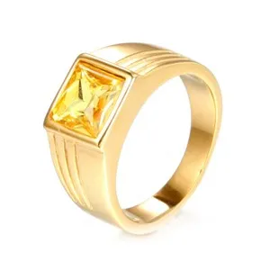 Authentic Gold Plated Amber CZ Inlaid Ring Stainless Steel Men's Women's Wedding Band Ring