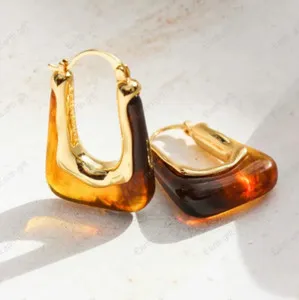Authentic Vintage Amber U Shape Big Hoop 18K Gold Plated Dainty Women Dangle Hoop Earrings