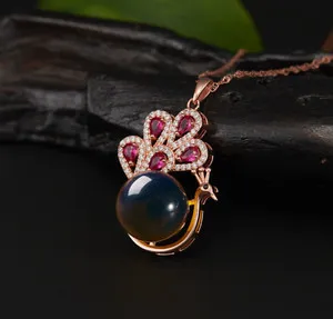 Authentic Amber Crystal Pendant Necklace 18K Gold Plated Chain Peacock Dainty Gemstone