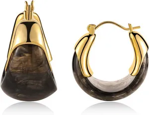 Authentic 14K Gold Plated Amber Resin Hoop Earrings for Women Trendy, Hypoallergenic Chunk