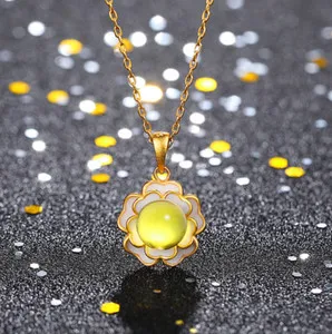 Authentic Natural Amber Pendant Necklace 18K Gold Plated Chain Flower Dainty Gemstone