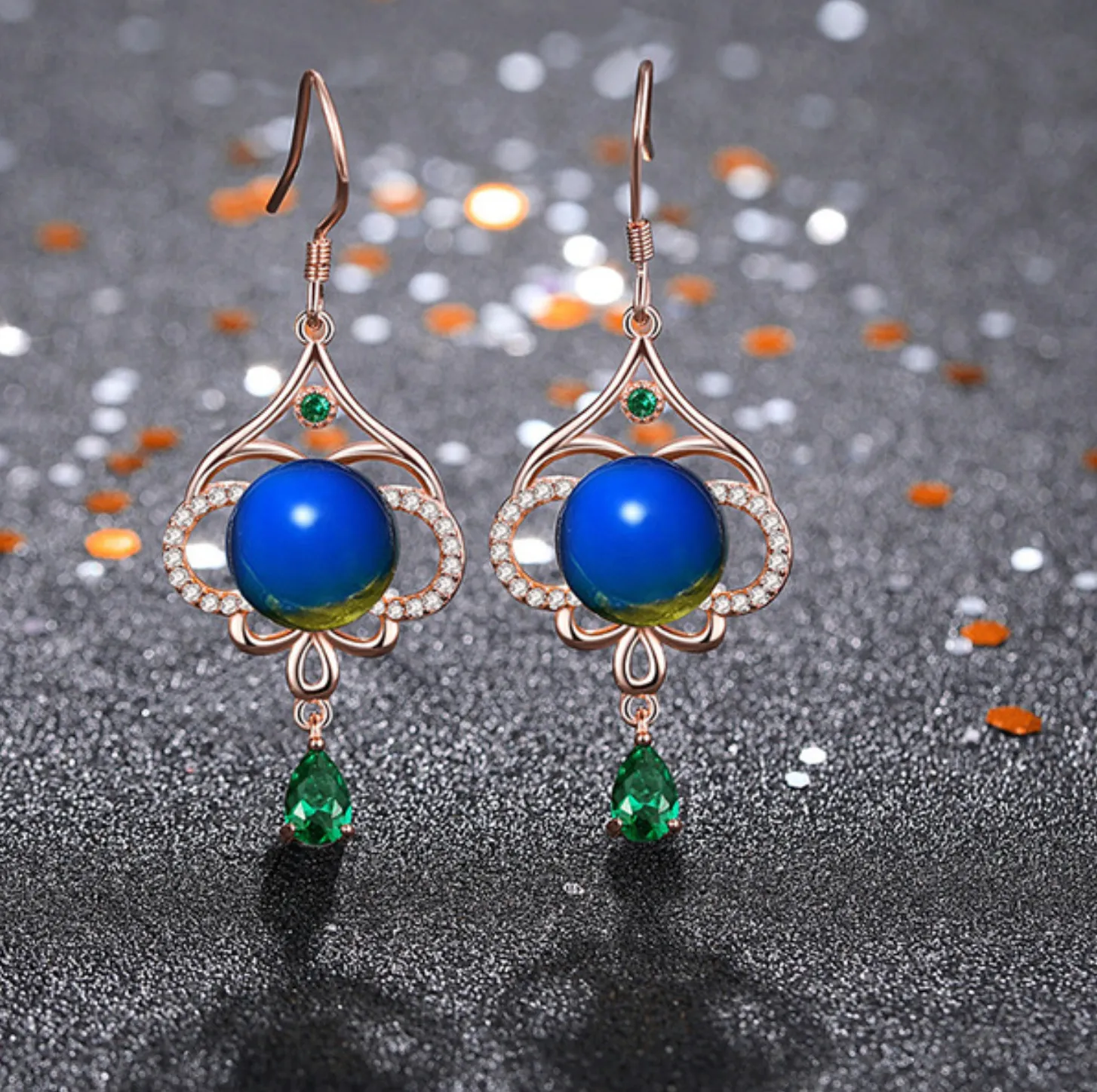 Authentic Natural Blue Amber Drop Dangle Earrings Unique Gemstone Hook 18K Gold Plated