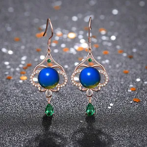Authentic Natural Blue Amber Drop Dangle Earrings Unique Gemstone Hook 18K Gold Plated