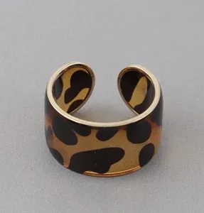 Authentic Acrylic Amber Resin Animal Print Gold Plated Gilded Open Ring One Size Fits Most