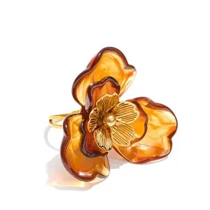 Authentic Stainless Steel Resin Flower Ring Gold Plated Women Adjustable Purple Pink