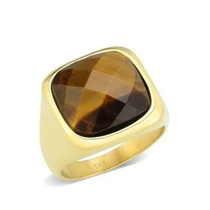 Authentic Men's Ring, Amber Synthetic Stone, Gold Plated, Stainless Steel, Statement Ring