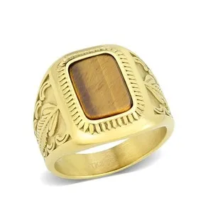 Authentic Men's Feather Signet Ring, Amber Synthetic Stone, Gold Plated, Stainless Steel