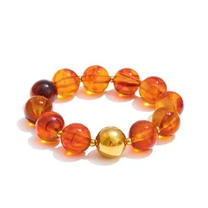 Authentic Resin Bead Necklace Bracelet Set Stainless Steel Gold Plated Womens Jewelry