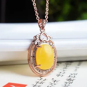 Authentic Natural Amber Beeswax Crystal Charm Pendant W/ Necklace Chain 18K Gold Plated