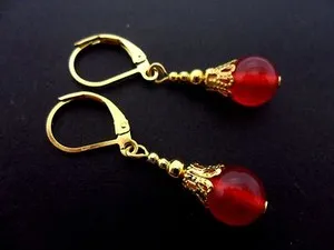 Authentic Crimson Resonance Red Jade and Gold Leverback Earrings