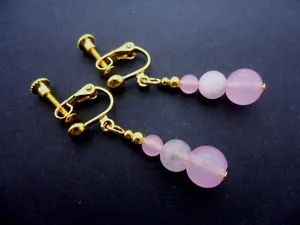 Authentic A PAIR OF PINK JADE BEAD GOLD PLATED DANGLY SCREW BACK CLIP ON EARRINGS. .
