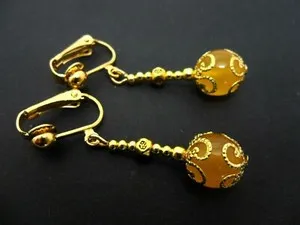 Authentic A PAIR GOLD PLATED DANGLY YELLOW JADE BEAD CLIP ON EARRINGS. .