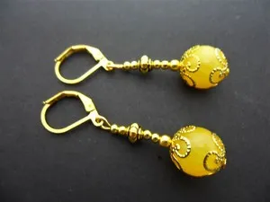 Authentic Golden Solstice Sunflowers: Yellow Jade Dangling Leverback Earrings