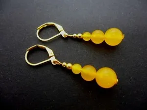 Authentic A PAIR OF YELLOW JADE GOLD PLATED DANGLY LEVERBACK HOOK EARRINGS. .