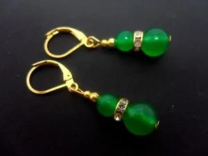 Authentic A PAIR OF GREEN JADE GOLD PLATED LEVERBACK HOOK EARRINGS. .
