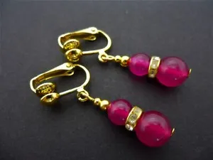Authentic A PAIR OF PINK JADE GOLD PLATED DANGLY CLIP ON EARRINGS. .