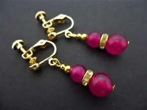 Authentic A PAIR OF PINK JADE GOLD PLATED DANGLY SCREW BACK CLIP ON EARRINGS. .