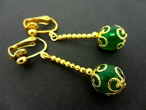 Authentic A PAIR OF DANGLY GREEN JADE BEAD GOLD PLATED DROP CLIP ON EARRINGS.