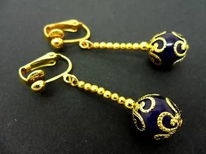 Authentic A PAIR OF DANGLY PURPLE JADE BEAD GOLD PLATED DROP CLIP ON EARRINGS.