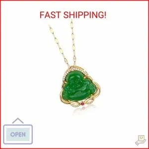 Authentic Gold Plated Laughing Buddha Pendant Necklace Ring Set Green Jade Smiling Laughin