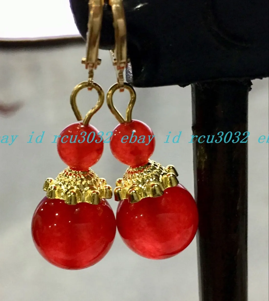 Authentic Beautiful Natural 6-12mm Red Jade Round Gemstone Dangle Gold Plated Earrings AAA
