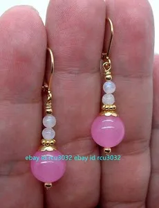 Authentic Pretty 10mm Pink Jade +2 Pcs Round 4mm Opal Yellow Gold Plated Dangle Earrings