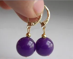 Authentic AA Natural 12mm Purple Jade Round Gems Gold Plated Hook Leverback Dangle Earring