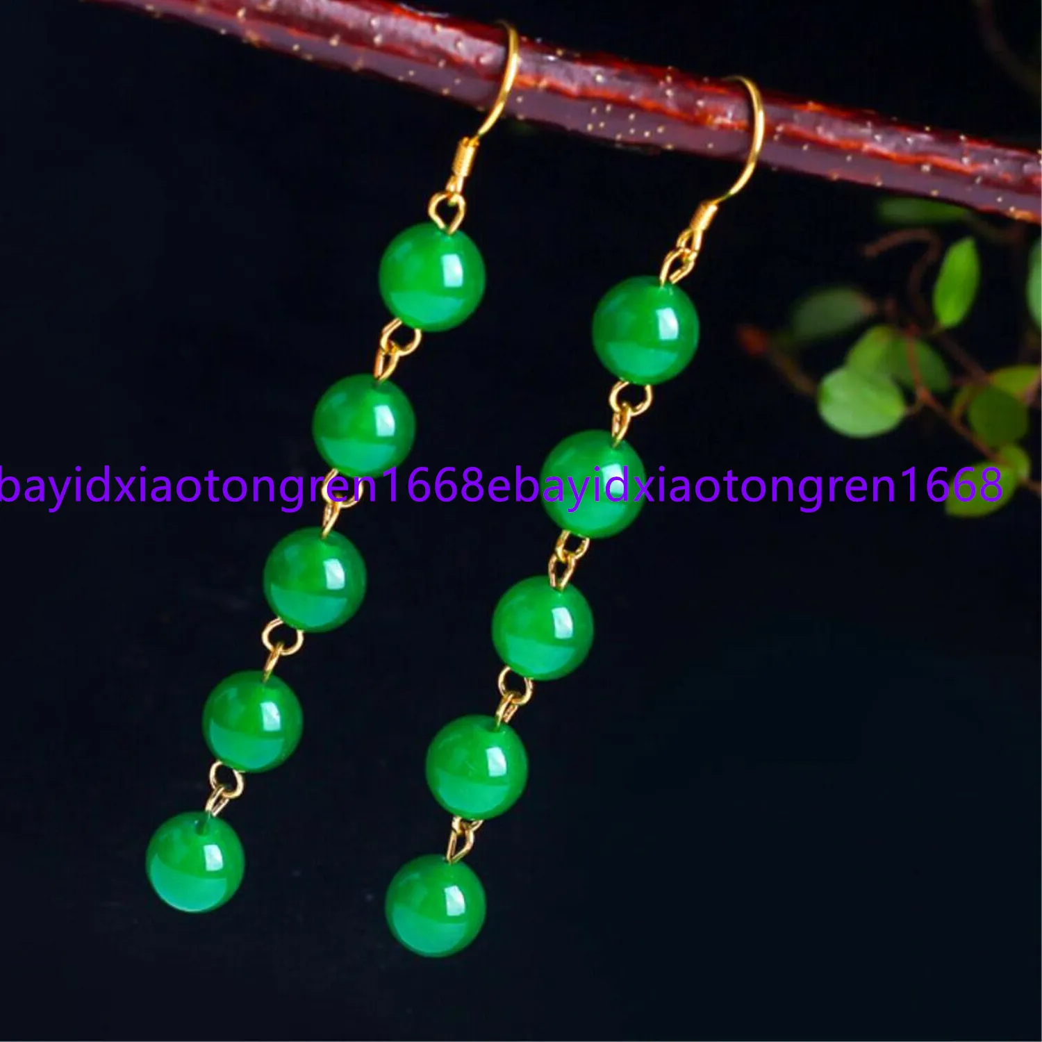 Authentic 8mm Natural Green Jade Round Gemstone Beads Gold Plated Hook Dangle Earring