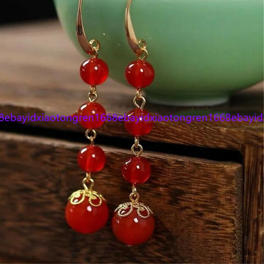 Authentic 6-10mm Red Jade Round Gems Beaded Dangle Gold-plated Hook Earrings