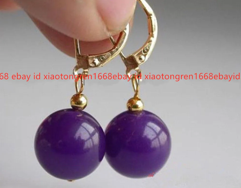Authentic AA Natural 12mm Purple Jade Round Gems Gold Plated Hook Leverback Dangle Earring