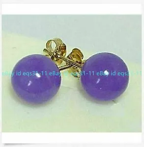Authentic Beautiful Natural 10mm Purple Jade Round Beads Gold Plated Stud Earrings