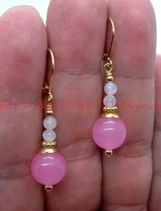 Authentic Pretty 10mm Pink Jade 2 Pcs Round 4mm Opal Yellow Gold Plated Dangle Earrings