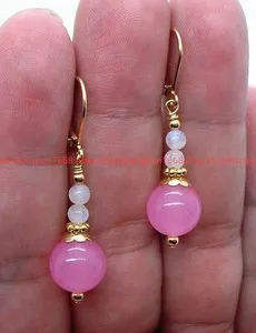 Authentic Pretty 10mm Pink Jade +2 Pcs Round 4mm Opal Yellow Gold Plated Dangle Earrings