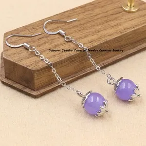 Authentic 18K Gold Plated Lavender Purple Jade Bead Dangle Earrings Fish Hook Chain Drop