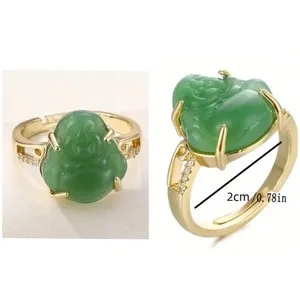 Authentic Natural Green Jade Fluorite Stone Ring Gold Plated Adjustable Ring