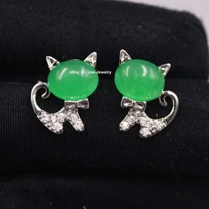 Authentic White Gold Plated with Heated Green Jade Cat Shape Stud Earrings 12mm W