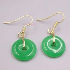 Authentic Gold Plated Heated Green Jade Safe-Circle Dangle Earrings 1.18inch L