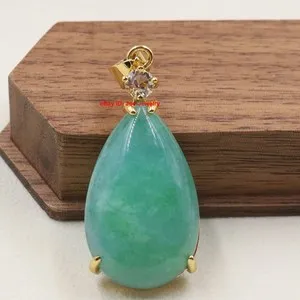 Authentic Gold Plated Heated Green Jade Pear Pendant Best 38mm H