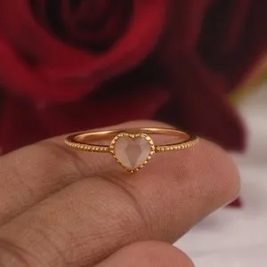 Authentic Rose Quartz Heart Ring 18k Gold Plated Beaded Band Mini Solitaire Wedding Gift